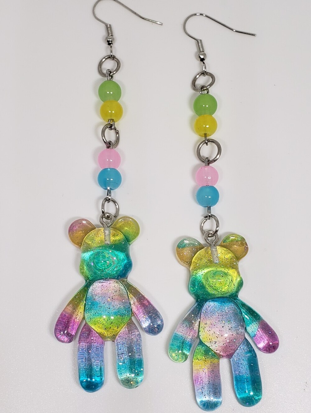 Handmade Beaded Pastel Rainbow Tie Dye Glitter Teddy Bear Earrings